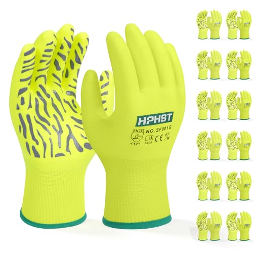 Work Gloves Micro-Foam Nitrile Coated, Nylon Working Gloves with Tiger Stripes Grip, for Automotive Electronic Assembly - color: Yellow, size: Large (Pack of 3)