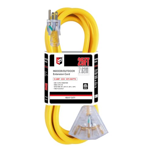 EP 25 Ft 12 Gauge Heavy Duty Extension Cord, 15A 125V 1875W, 3 Outlet Indoor/Outdoor Power Cord with Lighted End, 12/3 SJTW Weatherproof Yellow - color: Yellow, size: 25FT
