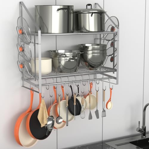 VyGrow 28 Inch Pot Rack Wall Mounted, 2 Tier Pots and Pans Organizer with 20 Hooks and 6 Pot Lid Holders, Heavy Duty Steel Pot and Pan Hanger for Kitchen Cookware Utensils Storage, Silver - color: 28"W 2 Tier Silver