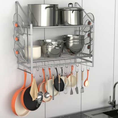 VyGrow 28 Inch Pot Rack Wall Mounted, 2 Tier Pots and Pans Organizer with 20 Hooks and 6 Pot Lid Holders, Heavy Duty Steel Pot and Pan Hanger for Kitchen Cookware Utensils Storage, Silver - color: 28"W 2 Tier Silver