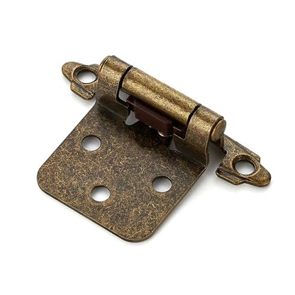 4 Pack (2 Pairs) Antique Brass Cabinet Hinges for Kitchen Doors, Self-Closing, 1/2 Inch Overlay (Variable), Semi-Concealed Face Frame, Surface Mount Cabinet Hardware - color: Antique Brass