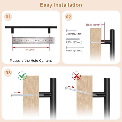 Probrico 5 Pack Hole Centers(160mm) 6.25inch Matte Black Kitchen Cabinet Handles,Stainless Steel Dresser Drawer Pulls, 8.8inch Length Pull Handle for Cabinets - size: Center to Center: 6-1/4 inch