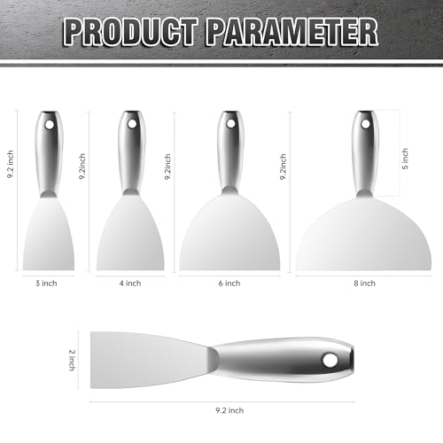 Fishark Putty Knife, 5 Pcs Putty Knife Set, 2" 3" 4" 6" 8" Stainless Steel Scraper, Spackle Knife, Wallpaper Scraper Paint Scraper Tool for Drywall Repair, Removing Wallpaper, Mud, Applying Plaster - color: 2" 3" 4" 6" 8"