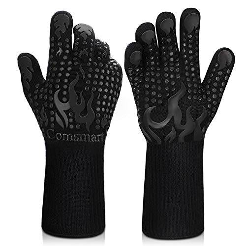 Comsmart BBQ Gloves, 1472 Degree F Heat Resistant Grilling Gloves Silicone Non-Slip Oven Gloves Long Kitchen Gloves for Barbecue, Cooking, Baking, Cutting - color: Black, size: long