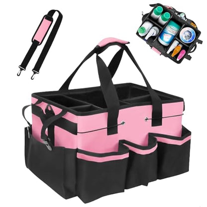 Tool Organizer Tote Bag, Pink and Black, Large Capacity with Adjustable Compartments, Portable Cleaning Storage Caddy, 14.96x10.63x9.06 Inches - color: Pink