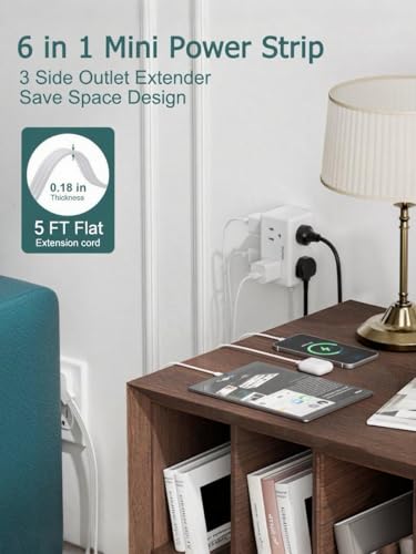 2 Pack 5Ft Flat Plug Small Power Strip,3-Side White Extension Cord with 6 Wide Outlets Extender,No Surge Protector,Cruise Ship Essentials,Multi Plug for College Dorm Home Office Travel,Wall Mount,ETL - size: 5FT- 2 PACK