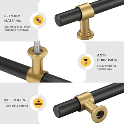 Goldenwarm 10 Pack Black and Gold Cabinet Pulls 3 Inch Matte Black Drawer Pulls Gold Kitchen Cabinet Handles Modern T Bar Hardware for Cupboard Bedroom - color: Black&Gold, size: 3 in Hole Center (76mm)