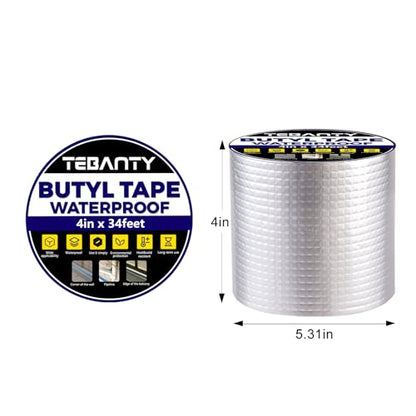 Butyl Tape Waterproof Sealing Tape 4Inch x 34Feet, Aluminum Foil Tape, Butyl Sealant Tape for Pipe Sealing, RV Repair, Window, EDPM Roof Leak Patching, Boat and Pipe Sealing - size: 4 inch x 34 feet