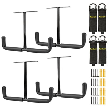 4 Set Overhead Garage Storage Rack, Heavy Duty Overhead Storage Double Hook, Ceiling Mount Hanger Safe Racks Hooks, Hanging for Lumber Ladder Storage & Other Bulky Items (Pack of 4 - Black) - size: Width 16.5in/42cm 4 Pack