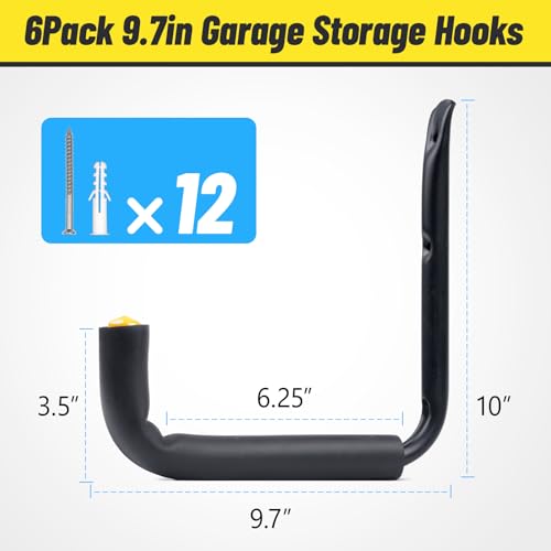 GEEDAR 6 Packs Heavy Duty Garage Storage Ladder Hooks (9.8", 75 lb Capacity) Kayak Storage Utility Hanger Wall Mounted Rack for Hanging Ladders, Bikes, Chairs, and Outdoor Organization Hooks - size: 9.8"-75 Lb Capacity