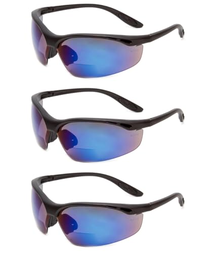 Calabria 91348 3 Pack Bulk Bifocal Reading Safety Glasses +1.50 Blue Mirror Men Women Wraparound Eye Protection Shatterproof - color: Blue Mirror (3 Pack)