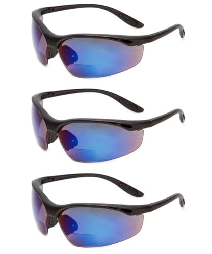 Calabria 91348 3 Pack Bulk Bifocal Reading Safety Glasses +1.50 Blue Mirror Men Women Wraparound Eye Protection Shatterproof - color: Blue Mirror (3 Pack)