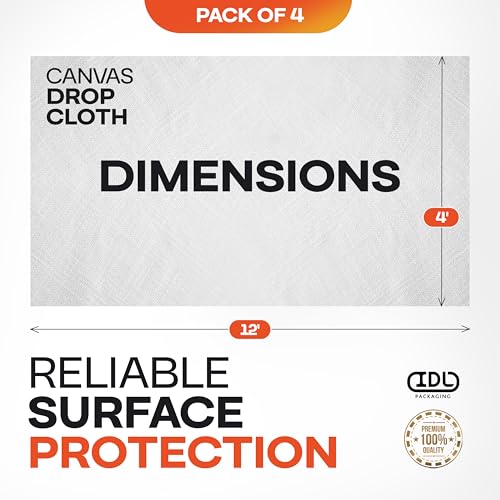 Canvas Drop Cloths 4' x 12', Pack of 4 - Reusable & Eco-Friendly Painters Drop Cloth for Furniture, Surfaces & Floor Protection - 100% Recycled Cotton Canvas Tarp for Home Renovation by IDL Packaging - size: 4' x 12', Pack of 4