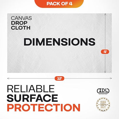 Canvas Drop Cloths 4' x 12', Pack of 4 - Reusable & Eco-Friendly Painters Drop Cloth for Furniture, Surfaces & Floor Protection - 100% Recycled Cotton Canvas Tarp for Home Renovation by IDL Packaging - size: 4' x 12', Pack of 4