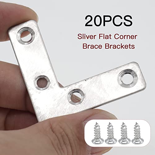 20pcs 2 x 2 Inch Silver L Flat Shape Braces Corner Bracket, 50x50 mm Decorative Corner Brackets Mending Plate, Stainless Steel 90 Dgree Angle Bracket for Wood Furniture Fixing - size: Silver 50x50 mm