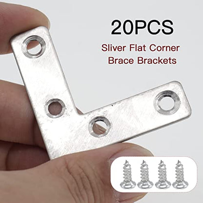 20pcs 2 x 2 Inch Silver L Flat Shape Braces Corner Bracket, 50x50 mm Decorative Corner Brackets Mending Plate, Stainless Steel 90 Dgree Angle Bracket for Wood Furniture Fixing - size: Silver 50x50 mm