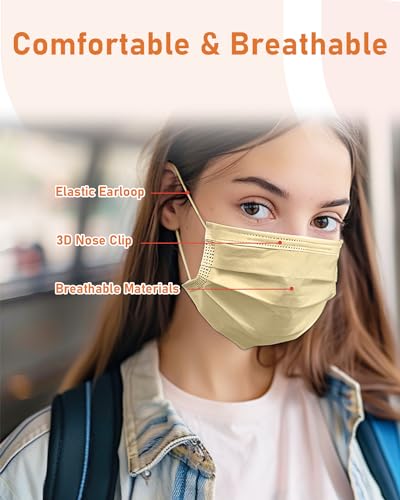 Face Masks Disposable 100 Pack, 4 Ply ASTM Level 3 Medical Grade, Breathable for Adult Outdoor Protection, Individually Wrapped for Home, School & Office, Beige - color: Beige