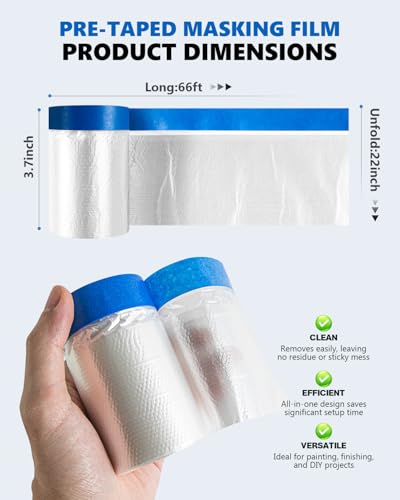 Pre-Taped Masking Film for Painting(2 Rolls) - 22" x 66'Painters Plastic Sheeting with Tape and Drape, Painters Drop Cloth for Automotive & Home, Cover for Walls/Floors/Windows/Cars Protection - size: 2 Rolls of 22" x 66'