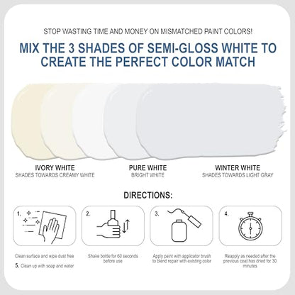 Sundaze Semi-Gloss White Touch-Up Paint Pen Kit - Wall, Kitchen Cabinet, Furniture, Wood Door Touch Up - 3 Color Shades, Instantly Repair & Restore Scratches, Chips, Stains - Mix Perfect Color Match