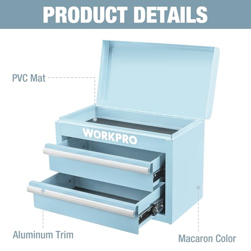 WORKPRO Metal Mini Tool Box, Top Tool Chest containing Two Drawers with Ball Bearing Slides, PVC Drawer Liners and PP Feet Pads, Durable Cold Rolled Steel Small Toolbox for Multi-Purpose Storage - color: Macaron Blue