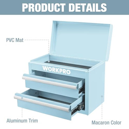 WORKPRO Metal Mini Tool Box, Top Tool Chest containing Two Drawers with Ball Bearing Slides, PVC Drawer Liners and PP Feet Pads, Durable Cold Rolled Steel Small Toolbox for Multi-Purpose Storage - color: Macaron Blue