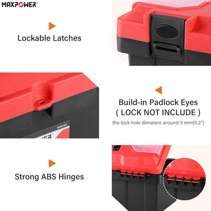 MAXPOWER 2-Piece Plastic Tool Box Set, 12-inch Mini Tool Box & 17-inch Handheld Toolbox, Lockable, Removable Tray, Top Small Parts Organizer Storage for Home, Garage, and DIY Projects - style: 12" 17" red