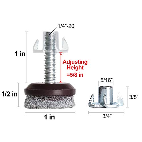 Anwenk Furniture Levelers - Adjustable Feet for Table and Chair, T-Nut Leg Levelers With High-Density Felt, 1/4-20x1" Threaded Shank, 24 Pack - color: Furniture Levelers 24pack-with T-nuts