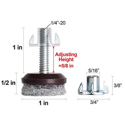 Anwenk Furniture Levelers - Adjustable Feet for Table and Chair, T-Nut Leg Levelers With High-Density Felt, 1/4-20x1" Threaded Shank, 24 Pack - color: Furniture Levelers 24pack-with T-nuts
