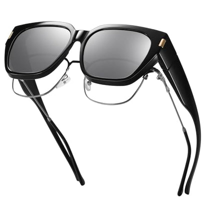 HAOLOTA Polarized Fit Over Glasses Sunglasses for Women Men Trendy Square Wrap Around Shades UV Protection - color: L Size 15 Black/Silver