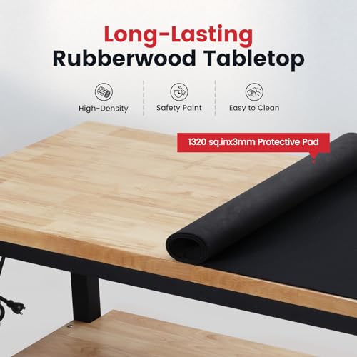 ENJOYWOOD 60" x 22" Heavy Duty Workbench Adjustable Height Garage Work Table with Solid Rubberwood Top, Pegboard & Power Outlets for Workshop, Home & Office - size: XXX-Large