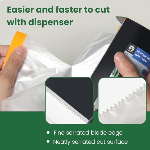 Voomey Pre-Taped Masking Film with Dispenser, Painters Tape with Plastic Attached, Automotive Painters Tape and Drape for Appliances, Furniture, Wood Surfaces & DIY Projects - 1ft x 82ft - size: 550mm*25m, style: Dispenser System