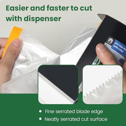 Voomey Pre-Taped Masking Film with Dispenser, Painters Tape with Plastic Attached, Automotive Painters Tape and Drape for Appliances, Furniture, Wood Surfaces & DIY Projects - 1ft x 82ft - size: 550mm*25m, style: Dispenser System