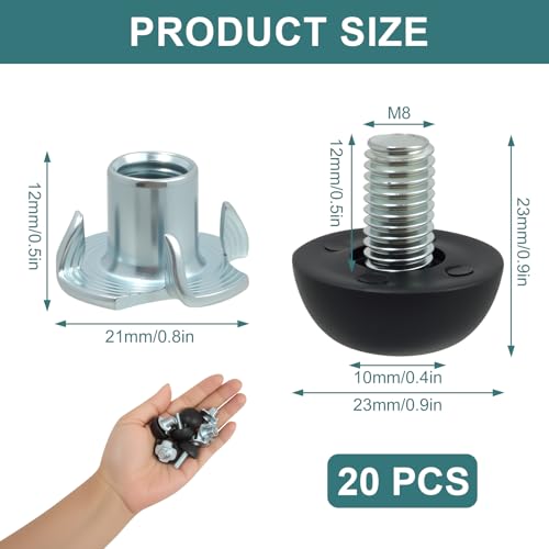 Furniture Leg Levelers - 20 Pack Adjustable Floor Glides for Wobbly Chairs, Tables & Cabinets | M8 Thread Leveling Feet with T-Nuts | Protects Floors, Easy Height Adjustment