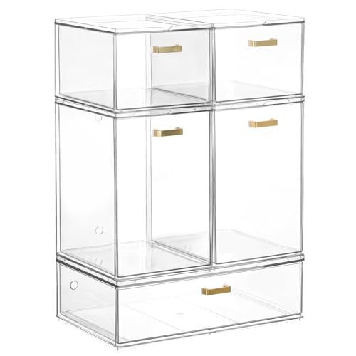 LALOBLUE Set of 5 Stackable Storage Drawers, Clear Acrylic Organizer Bins for Beauty Supplies, Perfect for Makeup Vanity, Undersink, Kitchen, Cabinet,Pantry Organization and Storage - style: 5 Pack