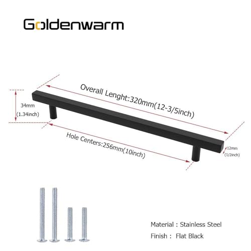 Goldenwarm 25 Pack Black Cabinet Handles 10"(256mm) Matte Black Cabinet Pulls T Bar Drawer Pulls for Kitchen Cupboard & Drawer Hardware - color: Black, size: 10 Inch Hole Center