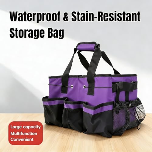 Tool Organizer Tote Bag, Pink and Black, Large Capacity with Adjustable Compartments, Portable Cleaning Storage Caddy, 14.96x10.63x9.06 Inches (Purple) - color: Purple