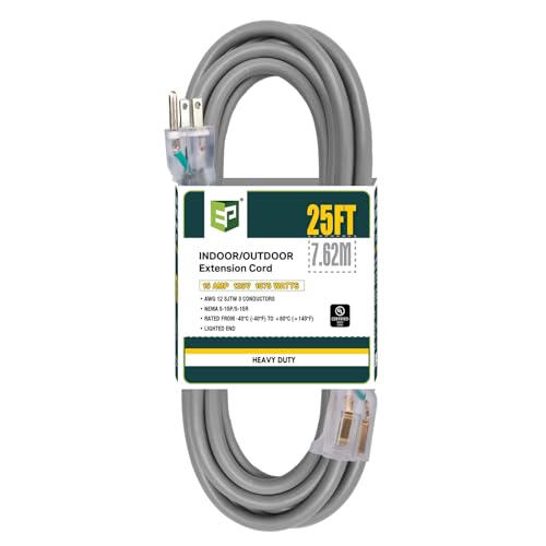 EP 25 Ft Lighted Outdoor Extension Cord - 12/3 SJTW Heavy Duty Grey Extension Cable with 3 Prong Grounded Plug - Power Cord for Lawn, Garden, Appliances - color: Grey, size: 25ft
