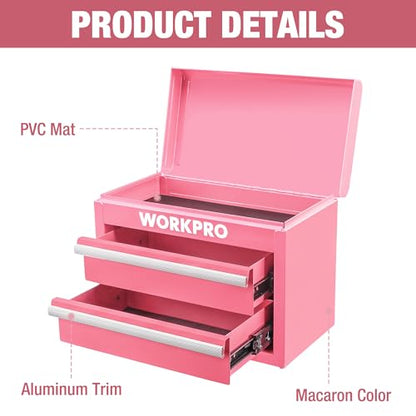 WORKPRO Metal Mini Tool Box, Top Tool Chest containing Two Drawers with Ball Bearing Slides, PVC Drawer Liners and PP Feet Pads, Cold Rolled Steel Small Toolbox for Multi-Purpose Storage - Pink Ribbon - color: Pink