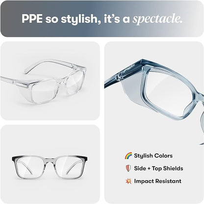 Stoggles Rectangle Z87.1 Certified Safety Glasses, Blue-Light, UV Blocking Lens, Top & Side Shield, Anti-Fog, Stylish Eyewear - color: Clear, size: Medium Low Bridge Fit