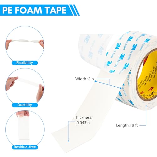 3M 1600T Double Sided Tape, PE Foam Tape 2" x 18 Ft White Removable Strong Adhesive No Residue for RV Picture Hanging, Posters Frames Wall Decor Indoor & Outdoor Use - size: 2.0" X 18ft