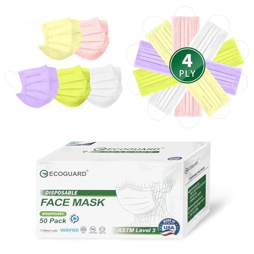 Disposable Face Masks Made in USA, 4 Ply for Families, Students, Breathable All-Day Wear & Safety, FSA HSA Eligible, ASTM Level 3 Medical Grade, 50 Pack, Lavender Mint - color: Lavender Mint, size: 50 Pack, style: Resealable Bag
