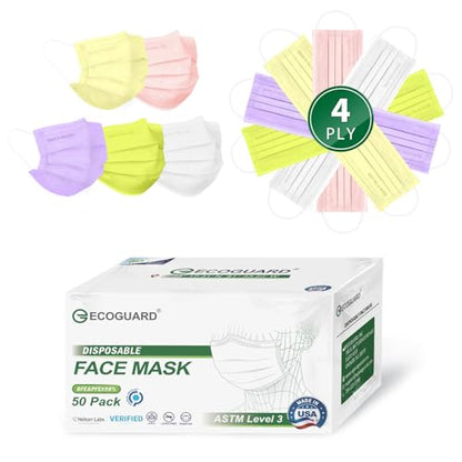 Disposable Face Masks Made in USA, 4 Ply for Families, Students, Breathable All-Day Wear & Safety, FSA HSA Eligible, ASTM Level 3 Medical Grade, 50 Pack, Lavender Mint - color: Lavender Mint, size: 50 Pack, style: Resealable Bag