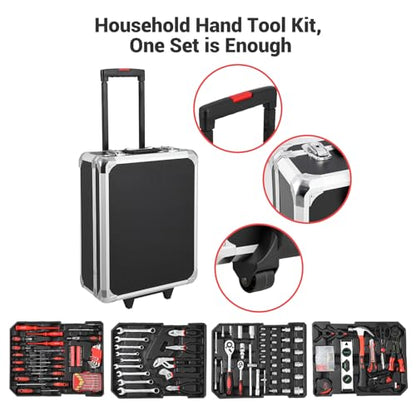 GraveeTech 800pcs Aluminum Trolley Case Tool Set Home Repair Tool Set, General Household Tool Kit w Rolling Tool Box, Toolbox Storage Case w 4 Drawers for Maintenance, Perfect for Homeowner, Handyman