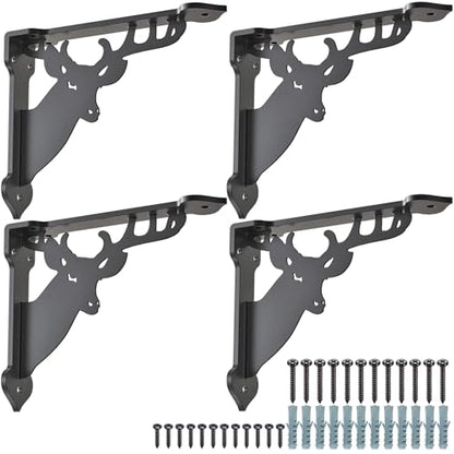 SELEWARE Heavy Duty Shelf Brackets 12 Inch, Deer Shelves Brackets, 300LB Capacity Decorative Metal L Brackets for Floating Shelves, Black Rustic Wall Mount Shelving Bracket with Screws, 4 Pack - size: 12 Inch, style: Deer-4 pack