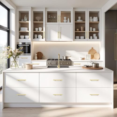Probrico 5 Pack Hole Centers (128mm) 5inch Gold Kitchen Cabinet Handles Stainless Steel Polished Gold Cabinet Pulls Round T Bar Pull Handle for Cabinets and Drawers Total Length 7.5inch(192mm) - color: Gold, size: Hole Centers: 5"