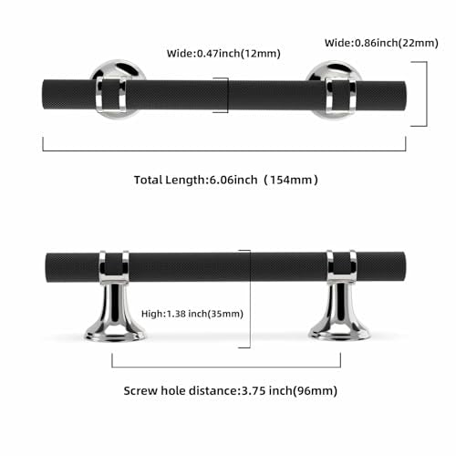 10 Pack 3-3/4 Inch Cabinet Pulls knurled Matte Black and Polished Chrome Kitchen Cabinet Handles Aluminum and Zinc Alloy Drawer Pulls Solid Cabinet Hardware - color: Black and Polished Chrome Knurled, size: 3-3/4'' Hole Center(96mm)