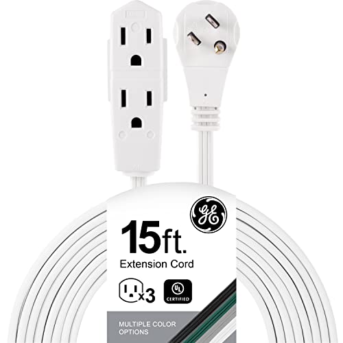 GE 3-Outlet Flat Extension Cord 15 Ft Grounded Extension Cord with Multiple Outlets 3 Prong Outlet Extender Flat Plug Power Strip Indoor 16 Gauge UL Listed White 56986 - color: White, size: 15 Ft