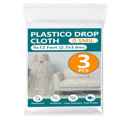 3-Pack 12x9ft Plastic Drop Cloths - Disposable Painter's Sheeting for Floor/Furniture/Car Protection,Paint Drop Cloth - color: 3-Pack
