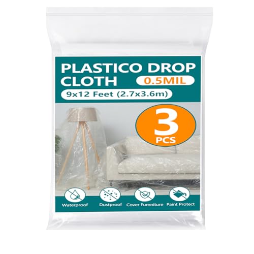 3-Pack 12x9ft Plastic Drop Cloths - Disposable Painter's Sheeting for Floor/Furniture/Car Protection,Paint Drop Cloth - color: 3-Pack
