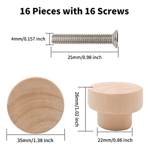 16PCS Wood Knobs Flat Top Round Cabinet Knobs 1.39"(35mm) Unfinished Wooden Dresser Drawer Pulls Kitchen Cabinet Handles - color: Flat Top Unfinished, size: 16 Pieces